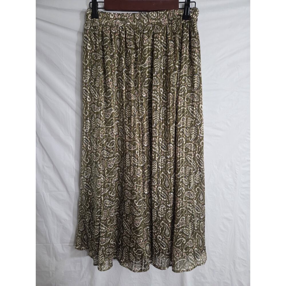 Pleated Maxi Skirt Size Sm Green Paisley Lined Gold Trim Gypsy Peasant Boho - Picture 6 of 11